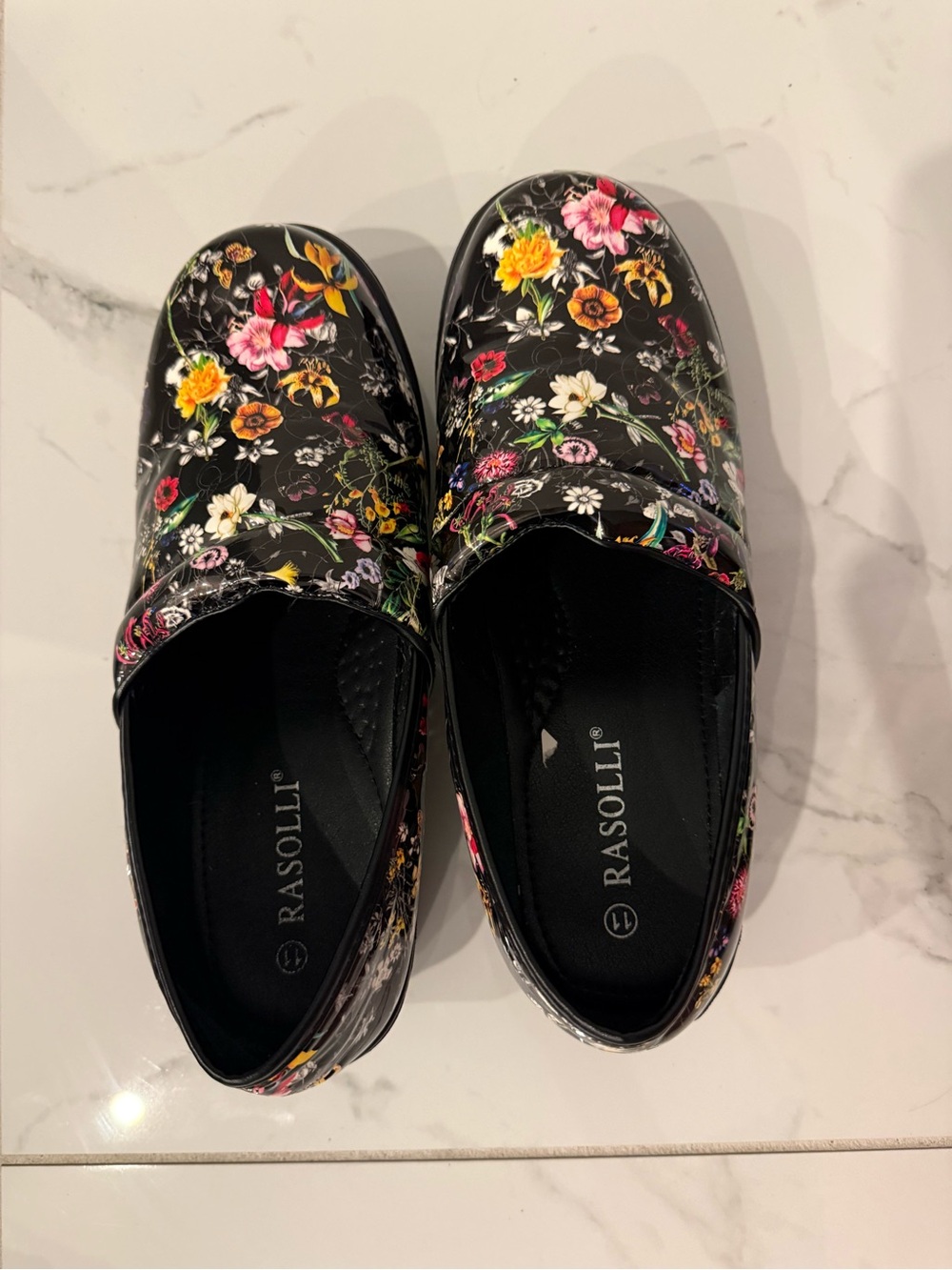 Rasolli Black Floral Slip-On Moccasins with Multicolor Blooms